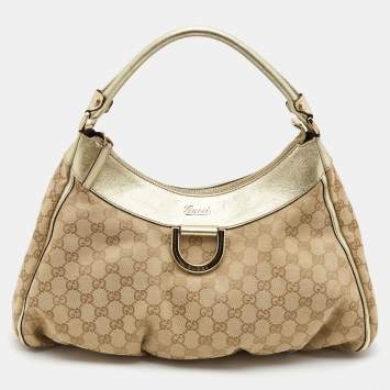 Pre Owned Gucci Gold/Beige GG Canvas and Leather Large Abbey D-Ring Hobo