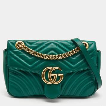 Pre Owned Gucci Green Matelasse Leather Small GG Marmont Shoulder Bag