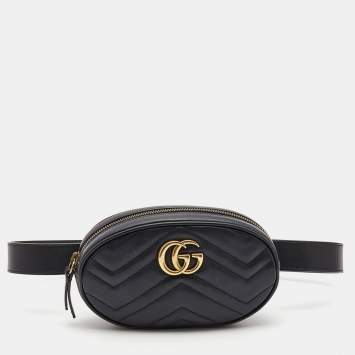 Pre Owned Gucci Black Matelassé Leather GG Marmont Belt Bag