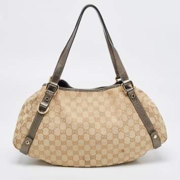 Pre Owned Gucci Gun Metal/Beige GG Canvas and Leather Medium Abbey Hobo