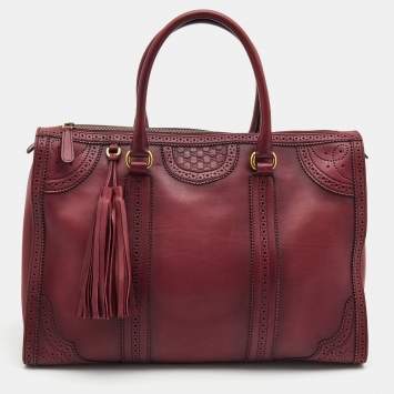Pre Owned Gucci Burgundy Duilio Brogue Leather Chablis Duffel Bag