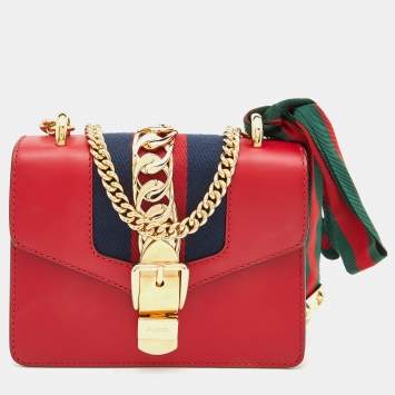 Pre Owned Gucci Red Leather Mini Web Chain Sylvie Crossbody Bag