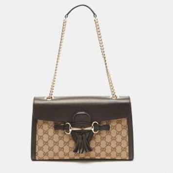 Pre Owned Gucci Dark Brown/Beige GG Canvas and Leather Medium Emily Chain Shoulder Bag