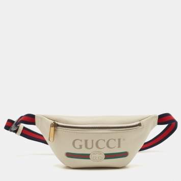Pre Owned Gucci Off White Leather Logo Web Belt Bag