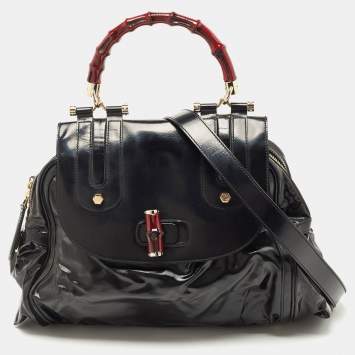 Pre Owned Gucci Black Coated Nylon and Leather Dialux Pop Bamboo Top Handle Bag