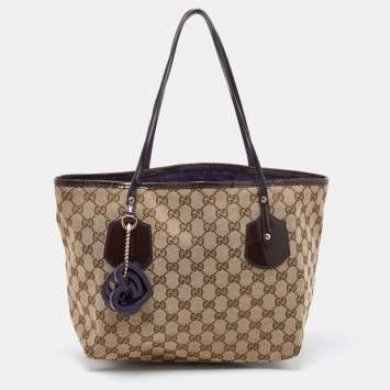 Pre Owned Gucci Beige/Brown GG Canvas and Patent Leather Small Jolie Web Charms Tote
