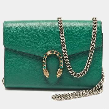 Pre Owned Gucci Green Leather Dionysus Wallet On Chain
