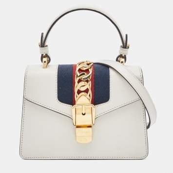 Pre Owned Gucci Off White Leather Mini Web Sylvie Top Handle Bag
