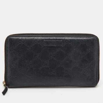 Pre Owned Gucci Black Guccissima Leather Zip Around Continental Wallet