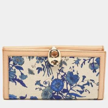 Pre Owned Gucci Blue/Beige Floral Print Canvas and Leather Wave Continental Wallet