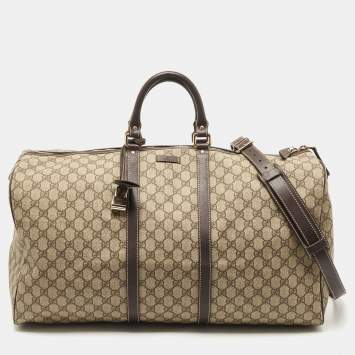 Pre Owned Gucci Beige/Brown GG Supreme Canvas and Leather Carry On Duffel Bag