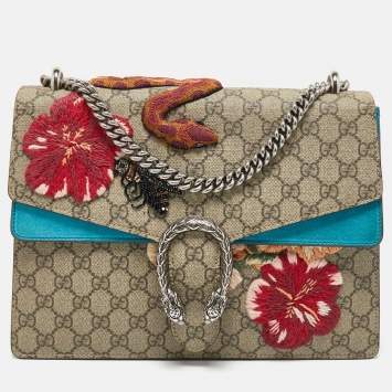 Pre Owned Gucci Beige/Blue GG Supreme Canvas and Suede Medium Embroidered Dionysus Shoulder Bag