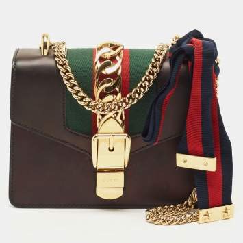 Pre Owned Gucci Black Leather Mini Web Chain Sylvie Crossbody Bag