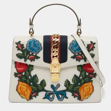 Pre Owned Gucci White Floral Sequins Patch Leather Medium Sylvie Top Handle Bag