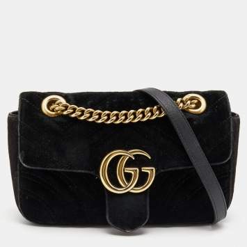 Pre Owned Gucci Black Matelassé Velvet and Leather Mini GG Marmont Shoulder Bag