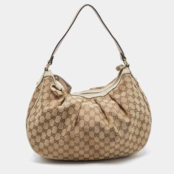 Pre Owned Gucci Beige/White GG Canvas and Leather Medium Sukey Hobo