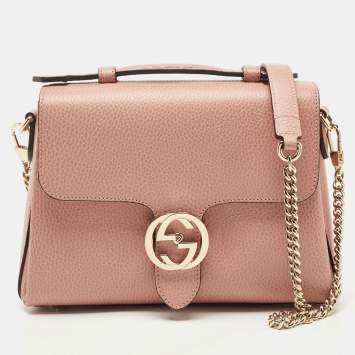 Pre Owned Gucci Dusty Pink Leather Interlocking G Top Handle Bag
