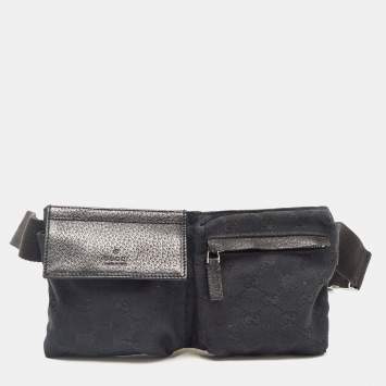 Pre Owned Gucci Black GG Canvas and Leather Double Pocket Belt Bag 