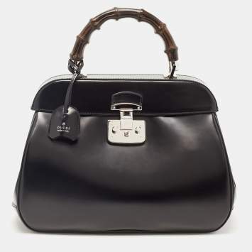 Pre Owned Gucci Black Patent Leather Large Lady Lock Bamboo Top Handle Bag