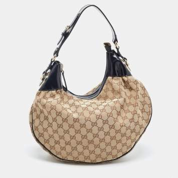 Pre Owned Gucci Beige/Black GG Canvas and Patent Leather Medium Full Moon Hobo
