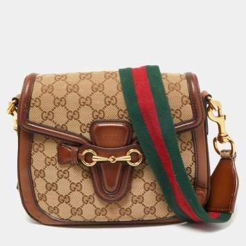 Pre Owned Gucci Beige/Brown GG Canvas and Leather Lady Web Flap Crossbody Bag
