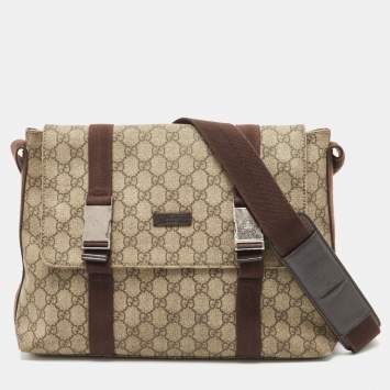 Pre Owned Gucci Beige/Brown GG Supreme Canvas Double Buckle Flap Messenger Bag