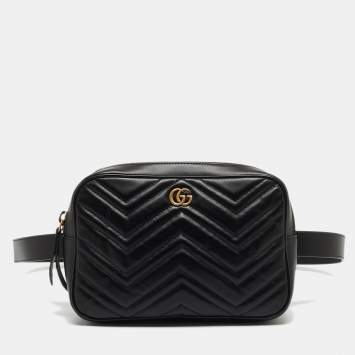 Pre Owned Gucci Black Matelassé Leather GG Marmont Belt Bag