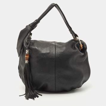 Pre Owned Gucci Black Leather Medium Jungle Hobo 