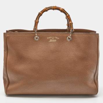 Pre Owned Gucci Brown Leather Large Bamboo Shopper Tote