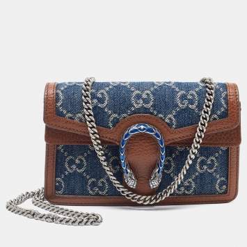 Pre Owned Gucci Blue/Tan GG Denim and Leather Super Mini Dionysus Crossbody Bag