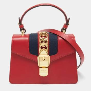 Pre Owned Gucci Red Leather Mini Web Chain Sylvie Top Handle Bag
