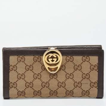 Pre Owned Gucci Beige/Brown GG Canvas and Leather Interlocking Icon Flap Continental Wallet