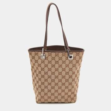 Pre Owned Gucci Beige/Brown GG Canvas and Leather Bucket Tote