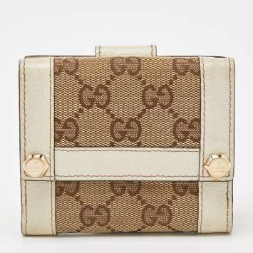 Pre Owned Gucci Beige/Off White GG Canvas and Leather Compact Wallet
