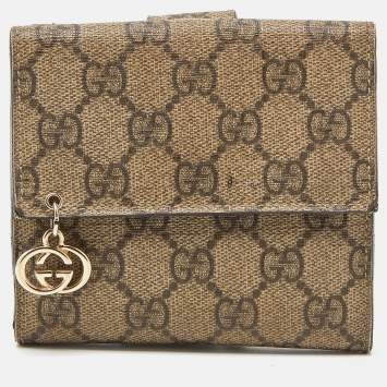 Pre Owned Gucci Beige GG Supreme Canvas Interlocking G French Flap Wallet