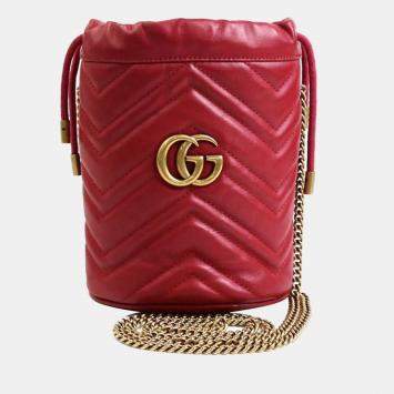 Pre Owned Gucci Red Leather GG Marmont Bucket Bag