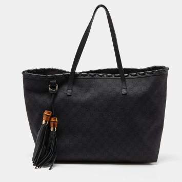 Pre Owned Gucci Black GG Canvas and Leather Bamboo Tassel Shopper Tote