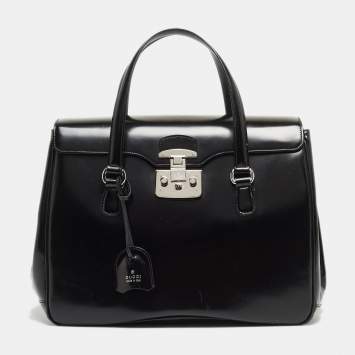 Pre Owned Gucci Black Glossy Leather Large Lady Lock Satchel