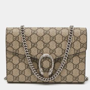 Pre Owned Gucci Beige GG Supreme Canvas and Leather Dionysus Wallet On Chain