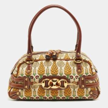 Pre Owned Gucci Brown/Multicolor Pigna Canvas and Leather Satchel