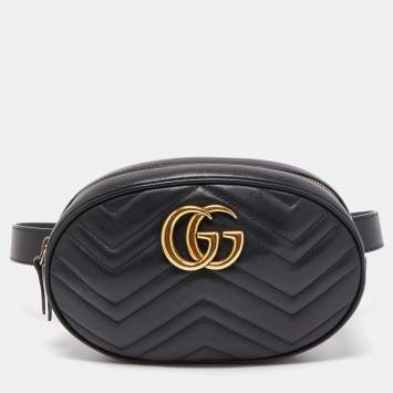 Pre Owned Gucci Black Matelassé Leather GG Marmont Belt Bag