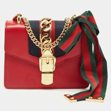 Pre Owned Gucci Red Leather Mini Web Chain Sylvie Crossbody Bag