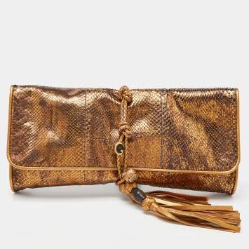 Pre Owned Gucci Metallic Gold Python Malika Clutch