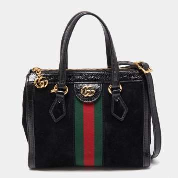 Pre Owned Gucci Black Suede and Patent Leather Small Web Ophidia Tote
