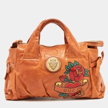 Pre Owned Gucci Tan Leather Tattoo Heart Hysteria Tote