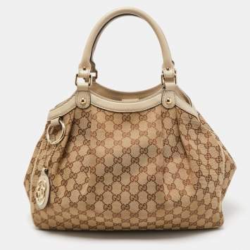 Pre Owned Gucci Off White/Beige GG Canvas and Leather Medium Sukey Tote