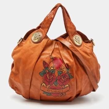 Pre Owned Gucci Tan Leather Large Tattoo Heart Hysteria Hobo