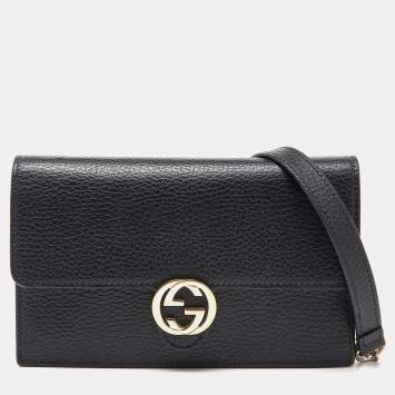 Pre Owned Gucci Black Leather Interlocking G Wallet on Chain