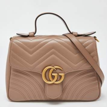 Pre Owned Gucci Beige Matelasse Leather Small GG Marmont Top Handle Bag