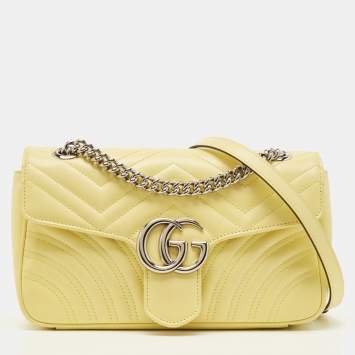 Pre Owned Gucci Yellow Matelassé Leather Small GG Marmont Shoulder Bag